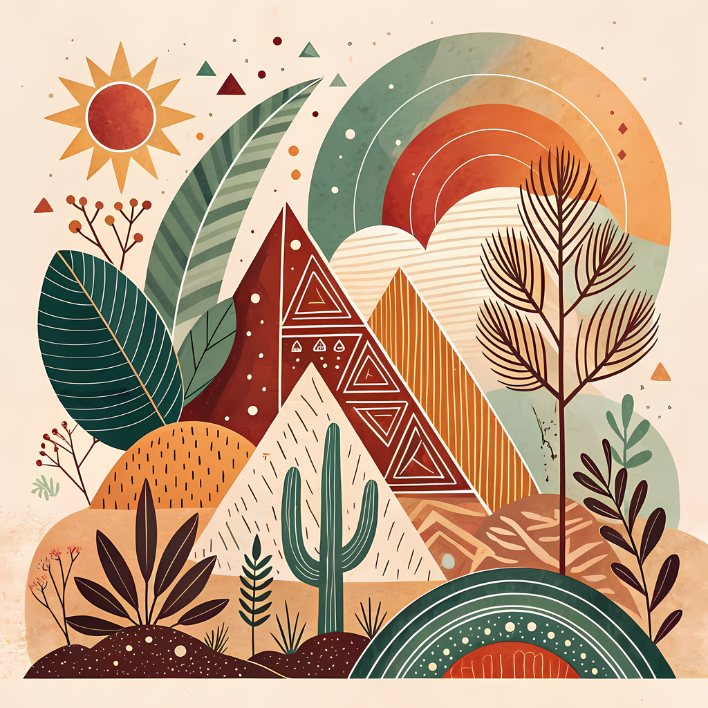 Bohemian Geometric Nature Art Pack: Mountains, Sunsets & Desert Scenes. The collection highlights bold geometric shapes, abstract mountains, and desert landscapes, blending natural motifs with boho-inspired patterns. Each design features earthy tones such