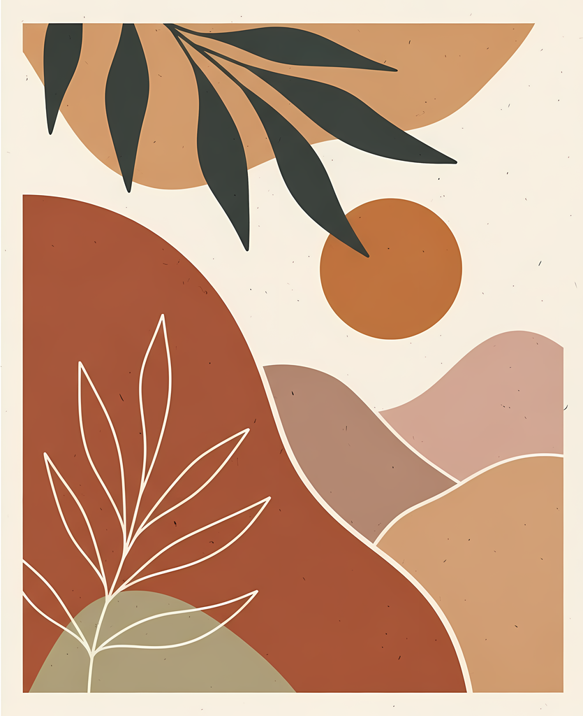 Bohemian Geometric Nature Art Pack: Mountains, Sunsets & Desert Scenes. The collection highlights bold geometric shapes, abstract mountains, and desert landscapes, blending natural motifs with boho-inspired patterns. Each design features earthy tones such