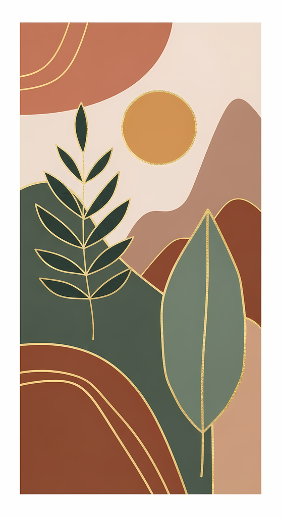 Bohemian Geometric Nature Art Pack: Mountains, Sunsets & Desert Scenes. The collection highlights bold geometric shapes, abstract mountains, and desert landscapes, blending natural motifs with boho-inspired patterns. Each design features earthy tones such