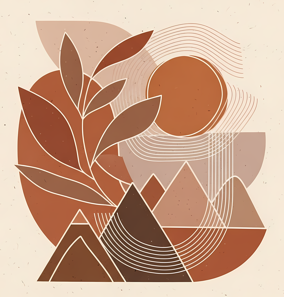 Bohemian Geometric Nature Art Pack: Mountains, Sunsets & Desert Scenes. The collection highlights bold geometric shapes, abstract mountains, and desert landscapes, blending natural motifs with boho-inspired patterns. Each design features earthy tones such