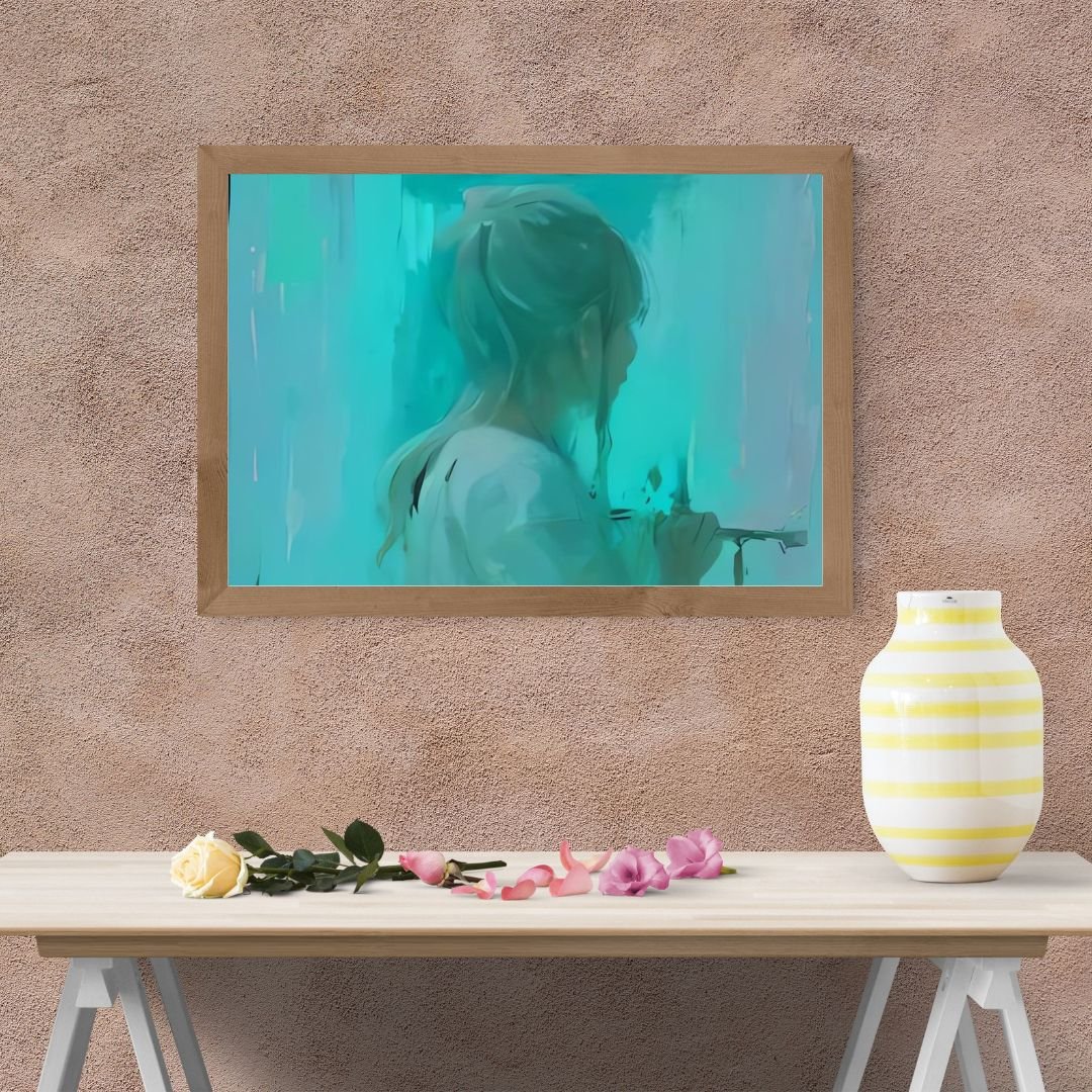 Dreamy digital painting of a young girl with light blonde hair tied in a loose ponytail, viewed from behind in soft focus. She appears to be standing by a misty turquoise and teal background, gently holding a brush or tool as if painting or writing on a g