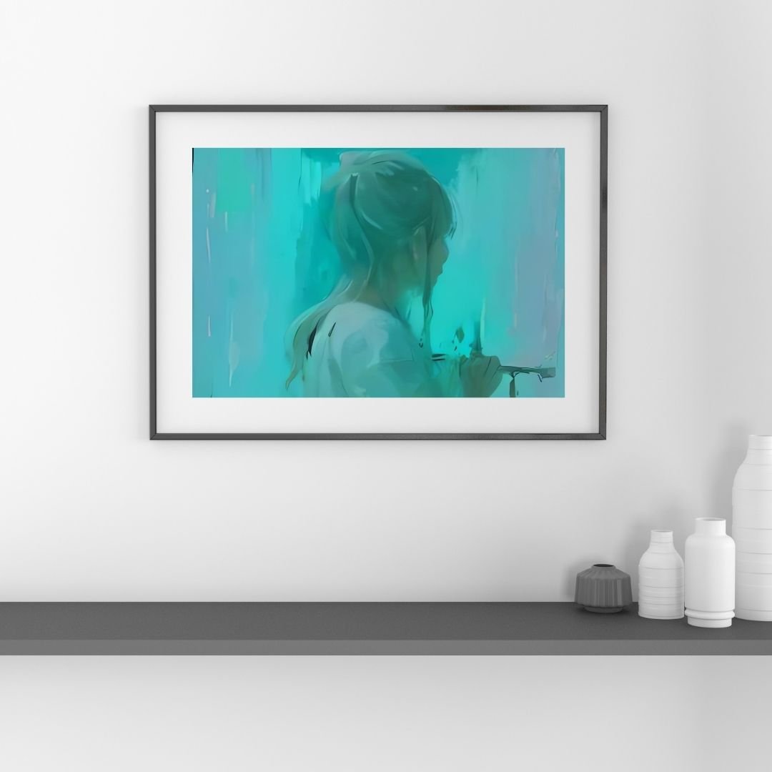 Dreamy digital painting of a young girl with light blonde hair tied in a loose ponytail, viewed from behind in soft focus. She appears to be standing by a misty turquoise and teal background, gently holding a brush or tool as if painting or writing on a g