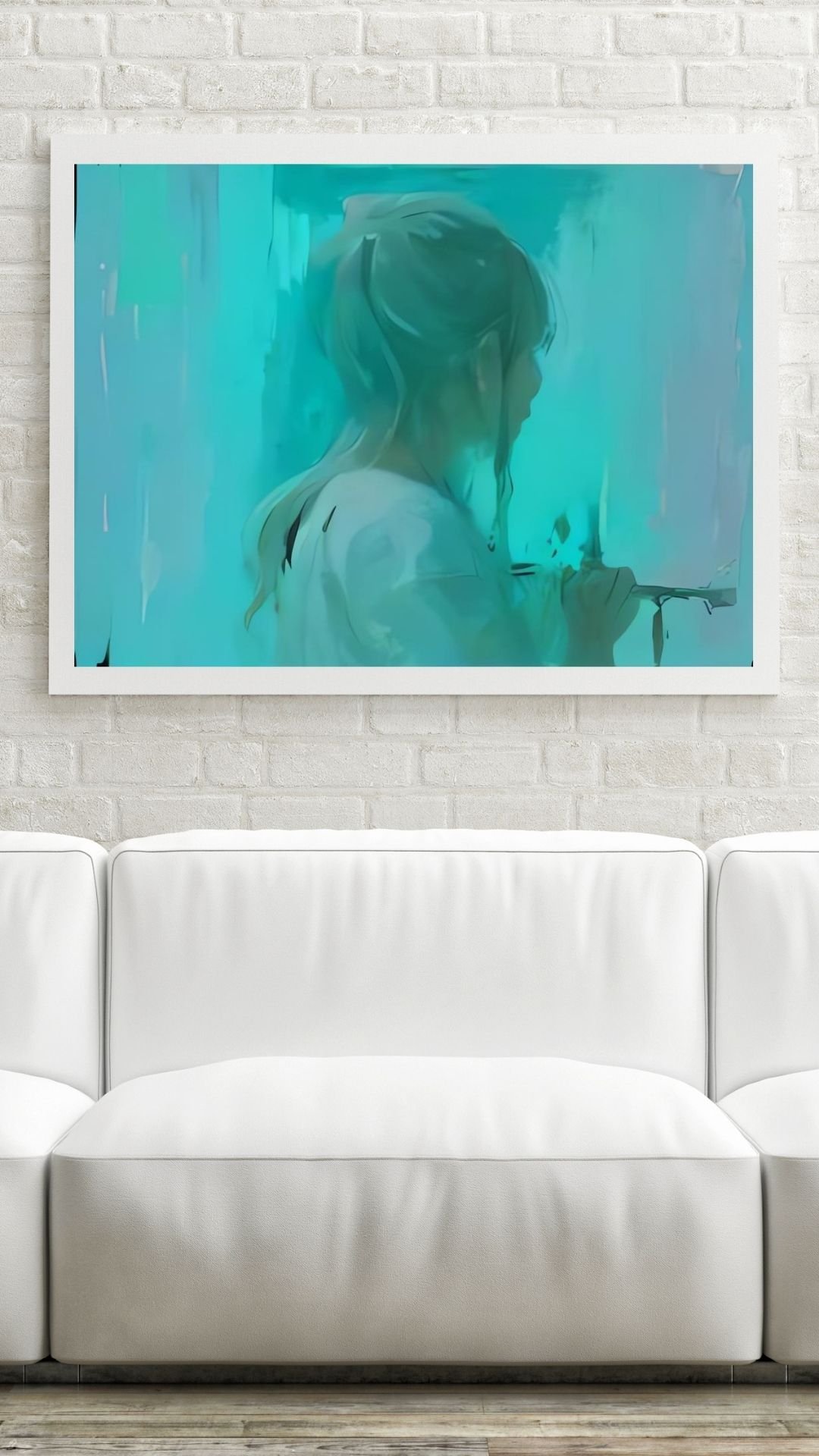 Dreamy digital painting of a young girl with light blonde hair tied in a loose ponytail, viewed from behind in soft focus. She appears to be standing by a misty turquoise and teal background, gently holding a brush or tool as if painting or writing on a g