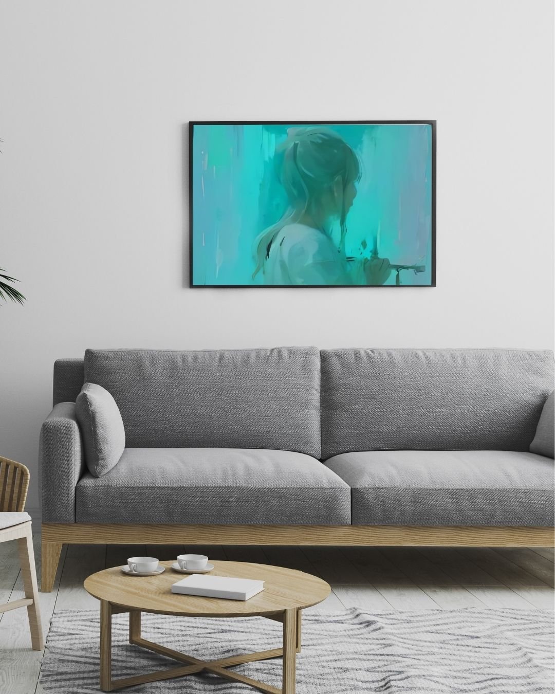 Dreamy digital painting of a young girl with light blonde hair tied in a loose ponytail, viewed from behind in soft focus. She appears to be standing by a misty turquoise and teal background, gently holding a brush or tool as if painting or writing on a g