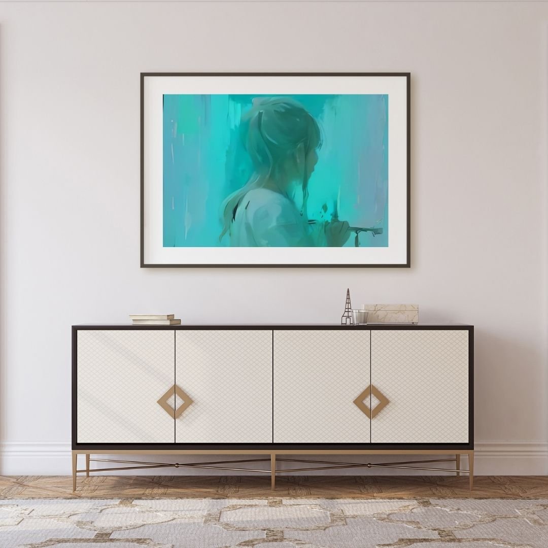 Dreamy digital painting of a young girl with light blonde hair tied in a loose ponytail, viewed from behind in soft focus. She appears to be standing by a misty turquoise and teal background, gently holding a brush or tool as if painting or writing on a g