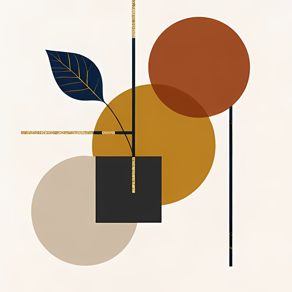 Boho Minimalist Art Bundle with Abstract Leaves in Dark Teal    The designs combine geometric shapes with organic elements, creating a modern yet earthy feel. The color palette is centered around rich, warm tones for a contemporary boho look, with hints o