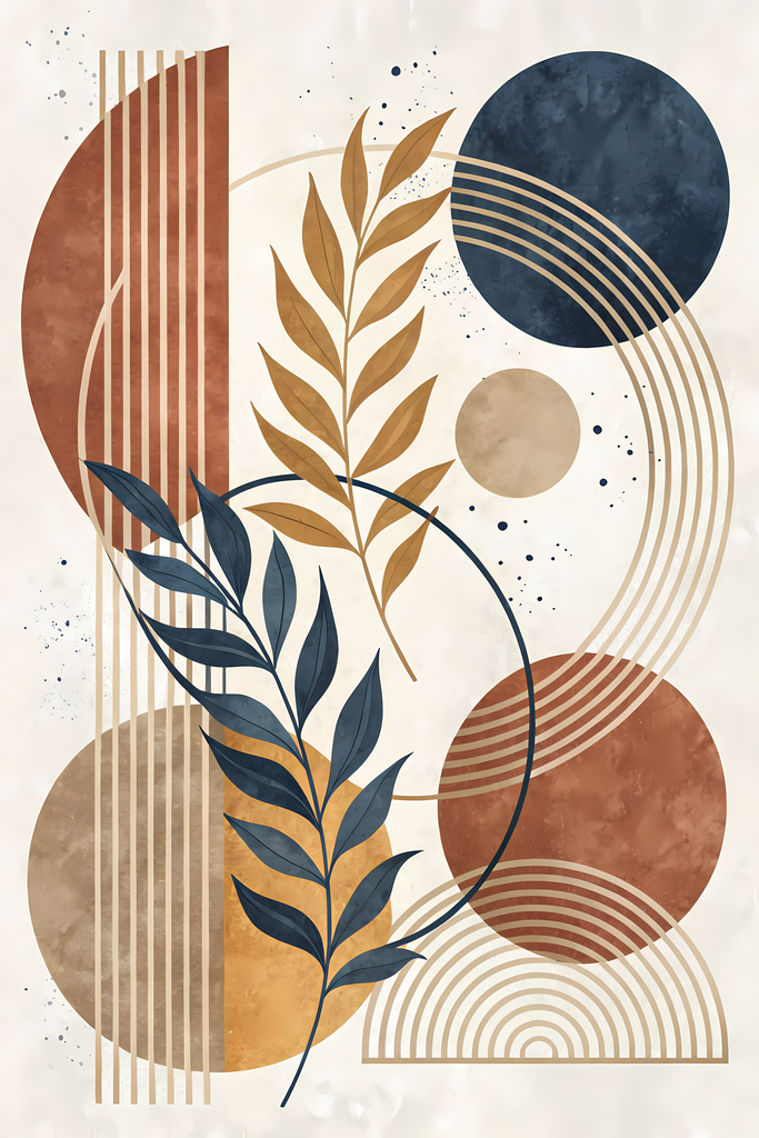 Boho Minimalist Art Bundle with Abstract Leaves in Dark Teal    The designs combine geometric shapes with organic elements, creating a modern yet earthy feel. The color palette is centered around rich, warm tones for a contemporary boho look, with hints o