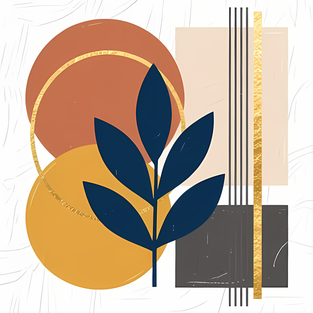 Boho Minimalist Art Bundle with Abstract Leaves in Dark Teal    The designs combine geometric shapes with organic elements, creating a modern yet earthy feel. The color palette is centered around rich, warm tones for a contemporary boho look, with hints o