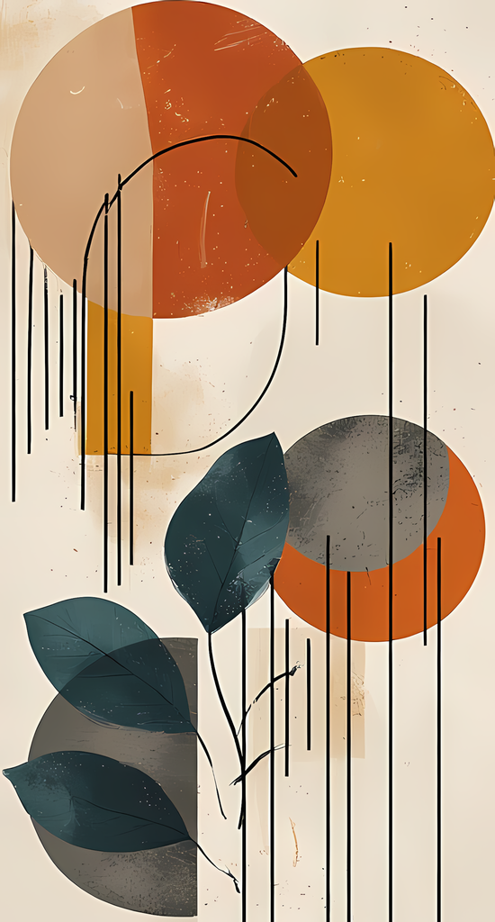 Boho Minimalist Art Bundle with Abstract Leaves in Dark Teal    The designs combine geometric shapes with organic elements, creating a modern yet earthy feel. The color palette is centered around rich, warm tones for a contemporary boho look, with hints o