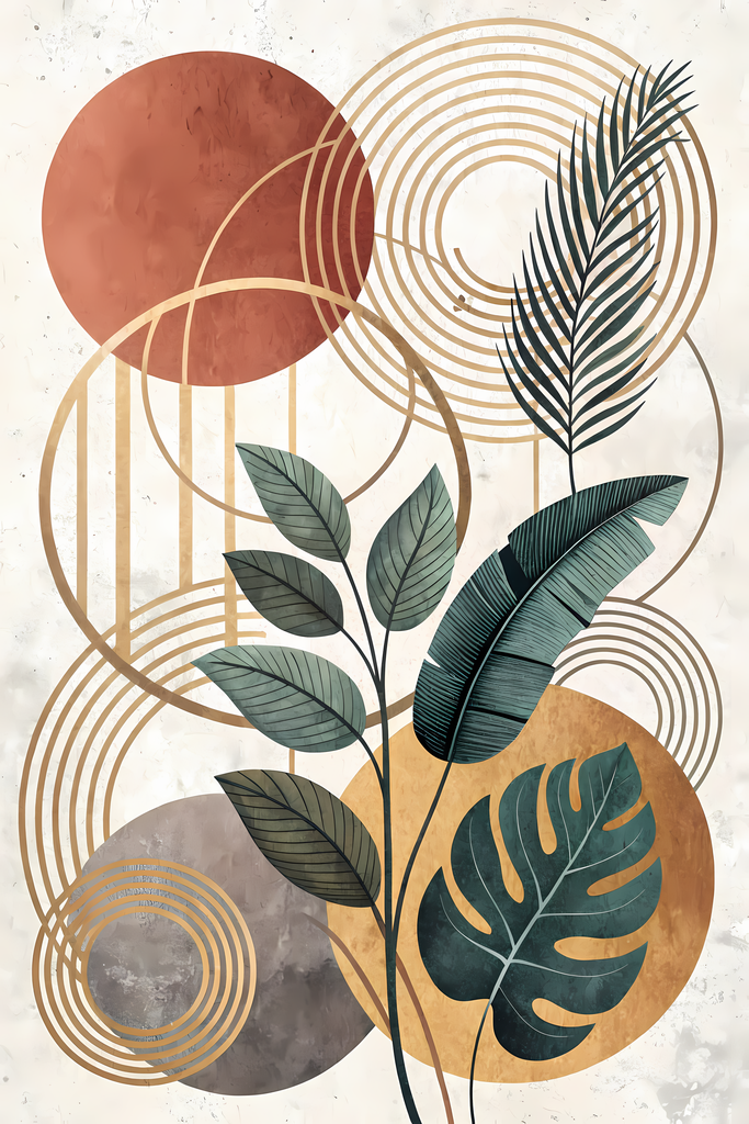 Boho Minimalist Art Bundle with Abstract Leaves in Dark Teal    The designs combine geometric shapes with organic elements, creating a modern yet earthy feel. The color palette is centered around rich, warm tones for a contemporary boho look, with hints o