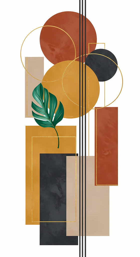 Boho Minimalist Art Bundle with Abstract Leaves in Green. The designs combine geometric shapes with organic elements, creating a modern yet earthy feel. The color palette is centered around rich, warm tones for a contemporary boho look, with hints of gree