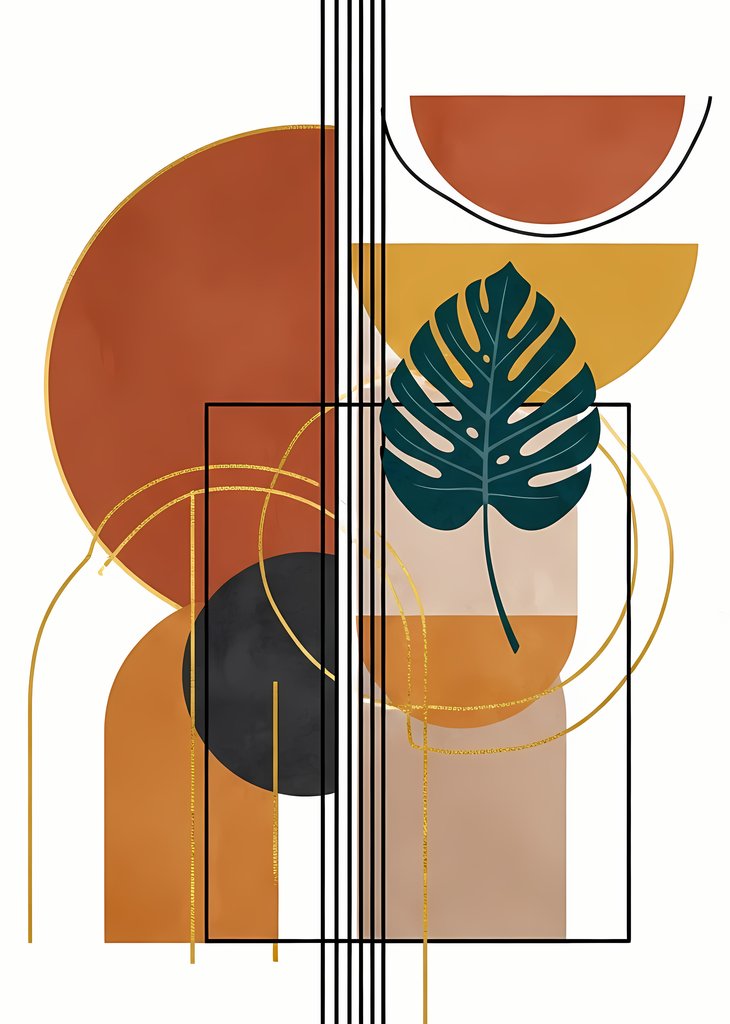 Boho Minimalist Art Bundle with Abstract Leaves in Green. The designs combine geometric shapes with organic elements, creating a modern yet earthy feel. The color palette is centered around rich, warm tones for a contemporary boho look, with hints of gree
