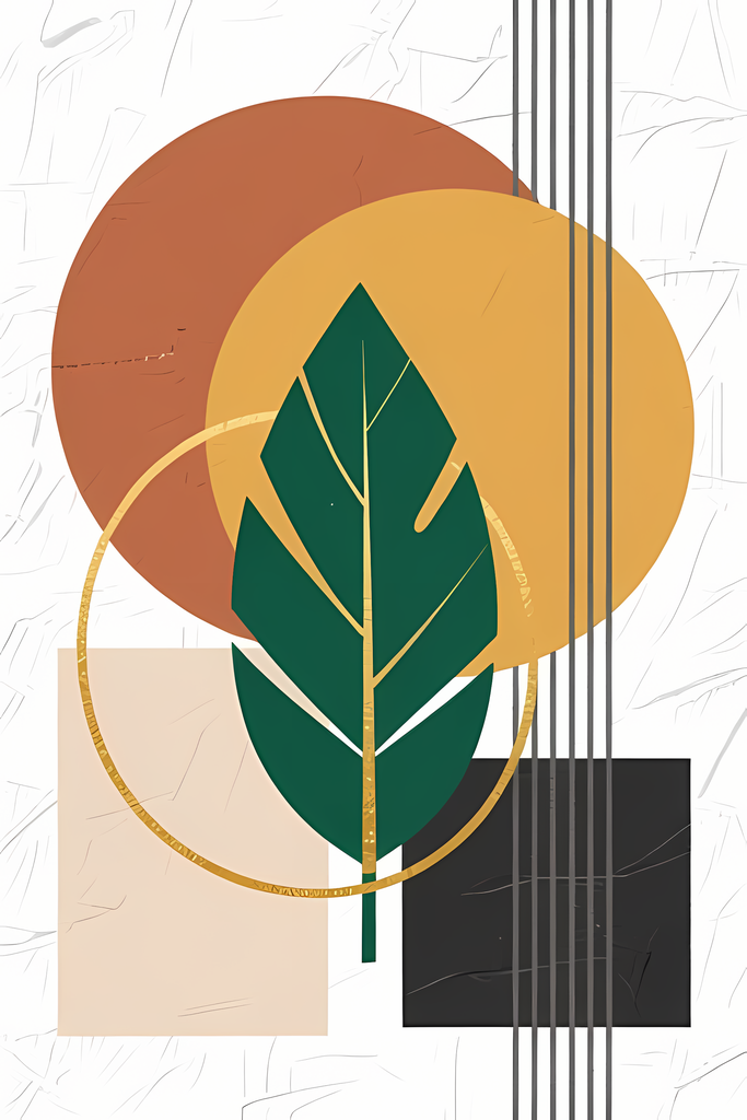 Boho Minimalist Art Bundle with Abstract Leaves in Green. The designs combine geometric shapes with organic elements, creating a modern yet earthy feel. The color palette is centered around rich, warm tones for a contemporary boho look, with hints of gree