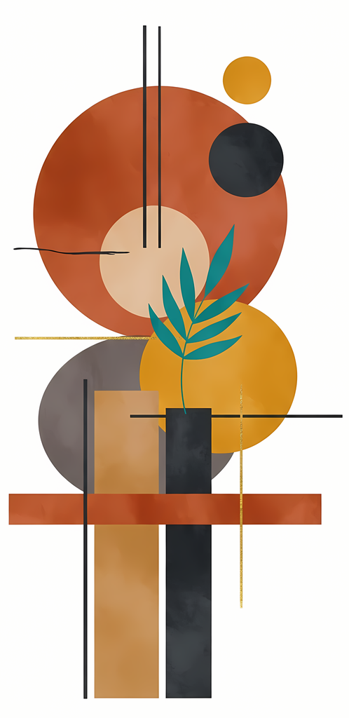 Boho Minimalist Art Bundle with Abstract Leaves in Green. The designs combine geometric shapes with organic elements, creating a modern yet earthy feel. The color palette is centered around rich, warm tones for a contemporary boho look, with hints of gree