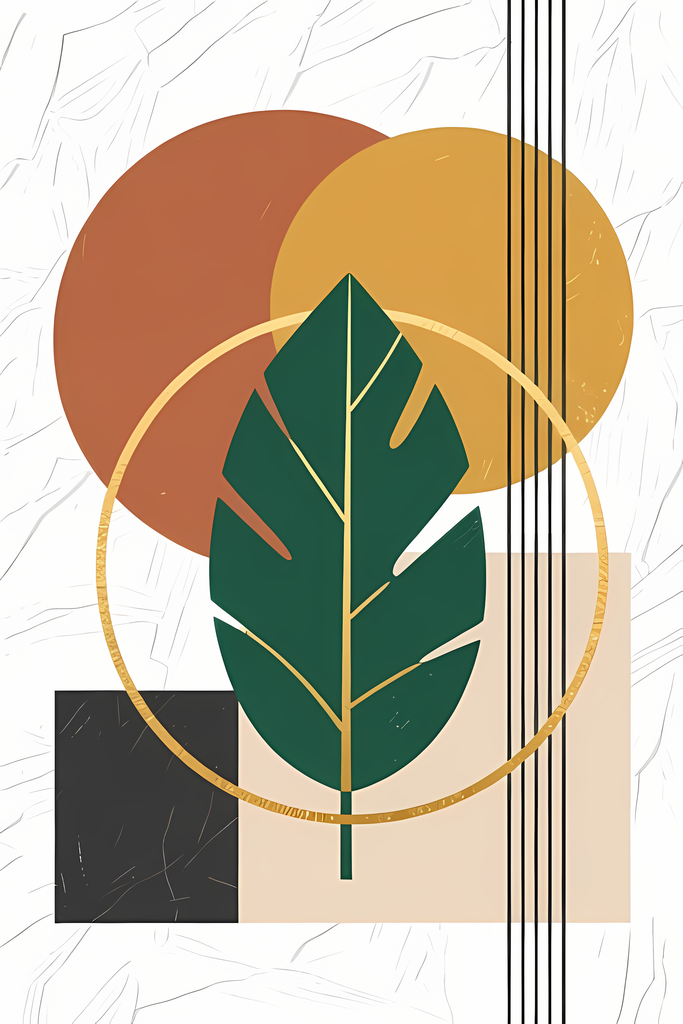 Boho Minimalist Art Bundle with Abstract Leaves in Green. The designs combine geometric shapes with organic elements, creating a modern yet earthy feel. The color palette is centered around rich, warm tones for a contemporary boho look, with hints of gree