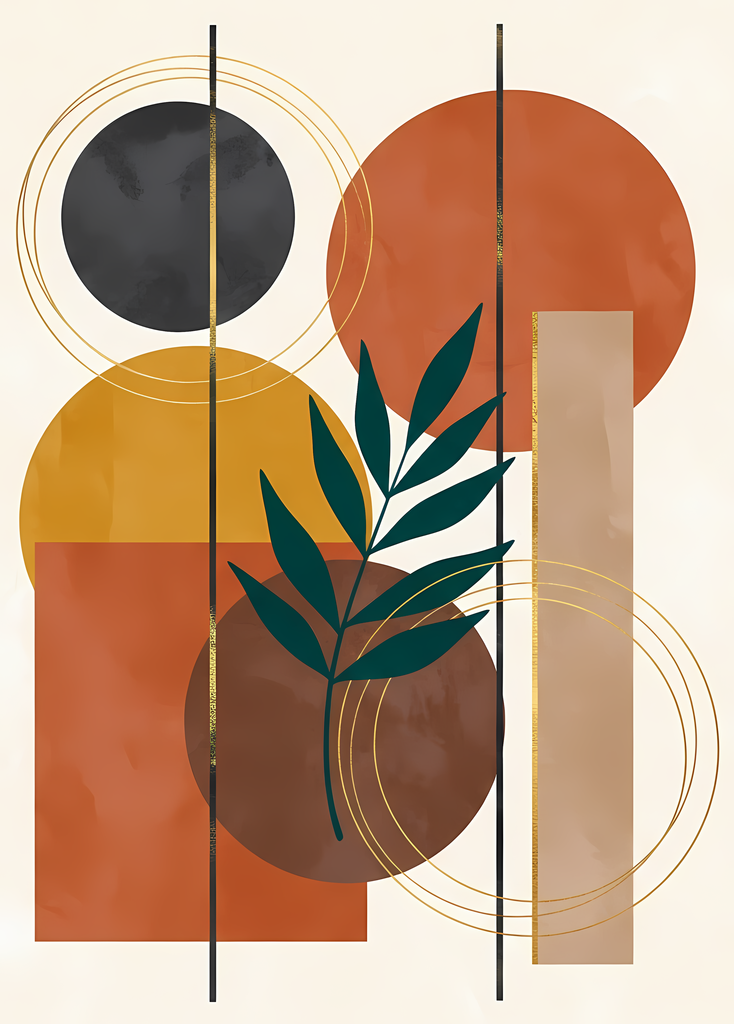 Boho Minimalist Art Bundle with Abstract Leaves in Green. The designs combine geometric shapes with organic elements, creating a modern yet earthy feel. The color palette is centered around rich, warm tones for a contemporary boho look, with hints of gree