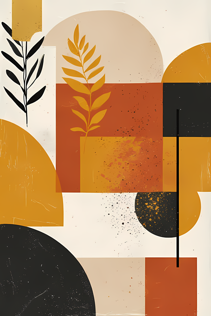 Boho Minimalist Art Bundle with Abstract Leaves in Mustard. The designs combine geometric shapes with organic elements, creating a modern yet earthy feel. The color palette is centered around rich, warm tones for a contemporary boho look, with hints of mu