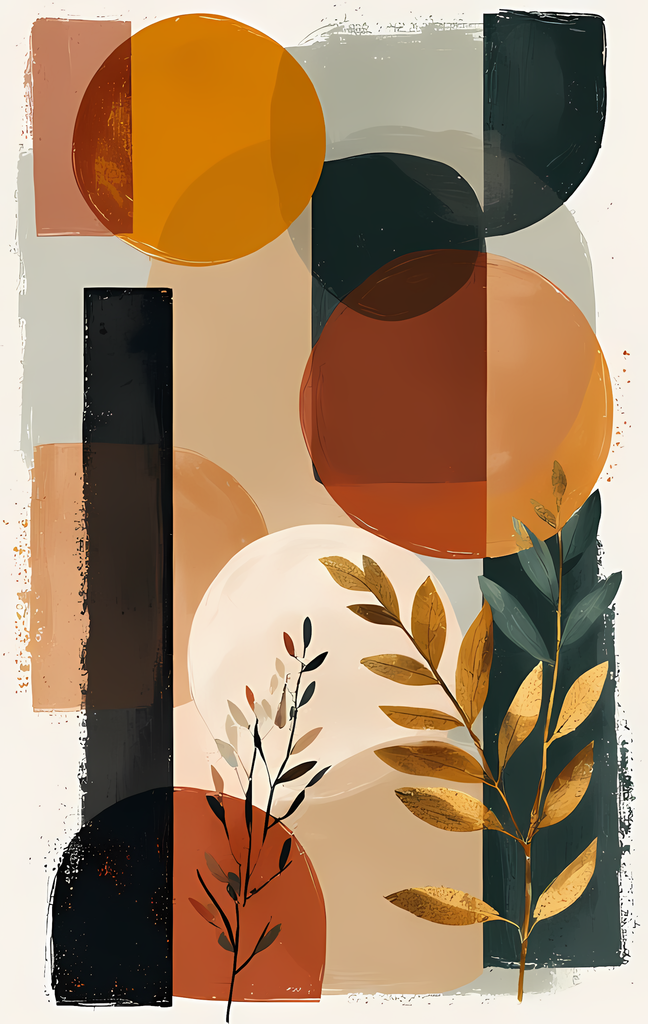 Boho Minimalist Art Bundle with Abstract Leaves in Mustard. The designs combine geometric shapes with organic elements, creating a modern yet earthy feel. The color palette is centered around rich, warm tones for a contemporary boho look, with hints of mu