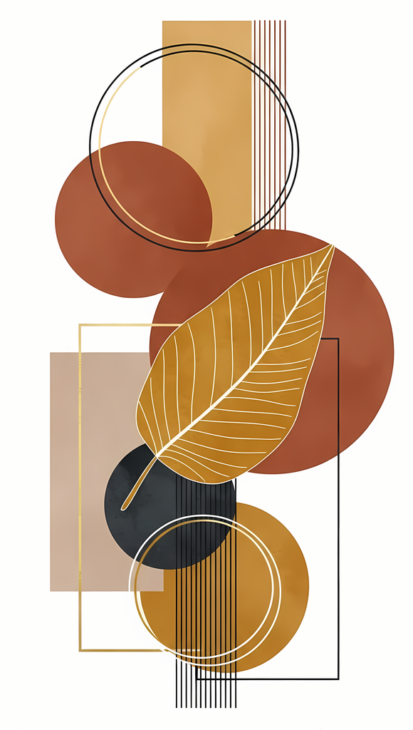 Boho Minimalist Art Bundle with Abstract Leaves in Mustard. The designs combine geometric shapes with organic elements, creating a modern yet earthy feel. The color palette is centered around rich, warm tones for a contemporary boho look, with hints of mu