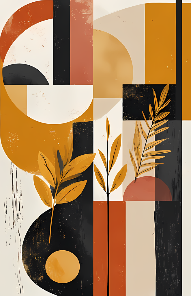 Boho Minimalist Art Bundle with Abstract Leaves in Mustard. The designs combine geometric shapes with organic elements, creating a modern yet earthy feel. The color palette is centered around rich, warm tones for a contemporary boho look, with hints of mu