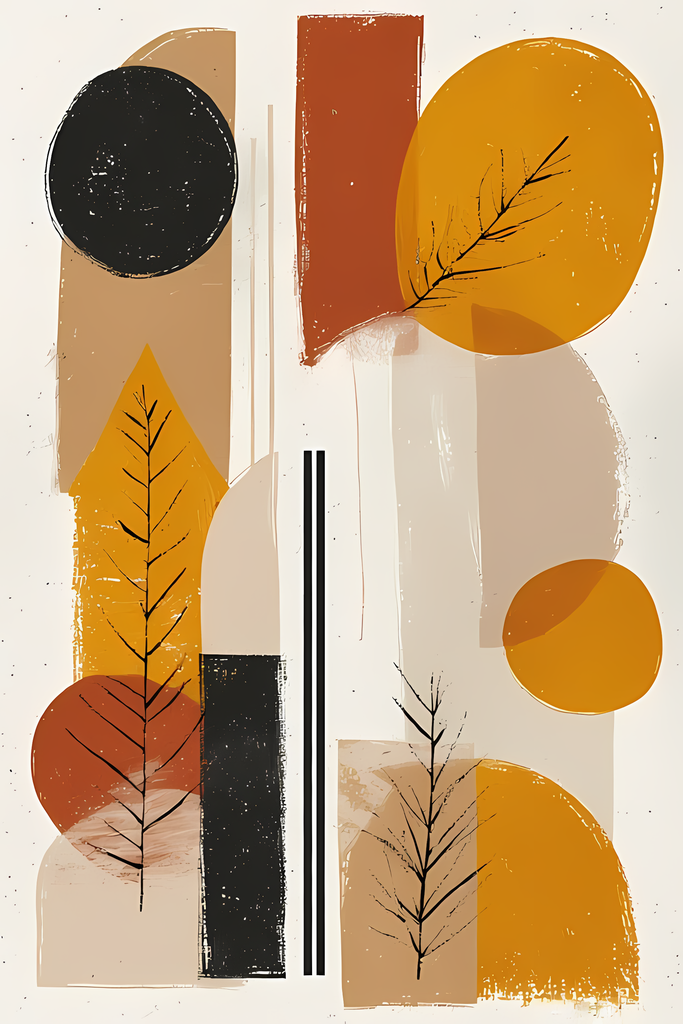 Boho Minimalist Art Bundle with Abstract Leaves in Mustard. The designs combine geometric shapes with organic elements, creating a modern yet earthy feel. The color palette is centered around rich, warm tones for a contemporary boho look, with hints of mu