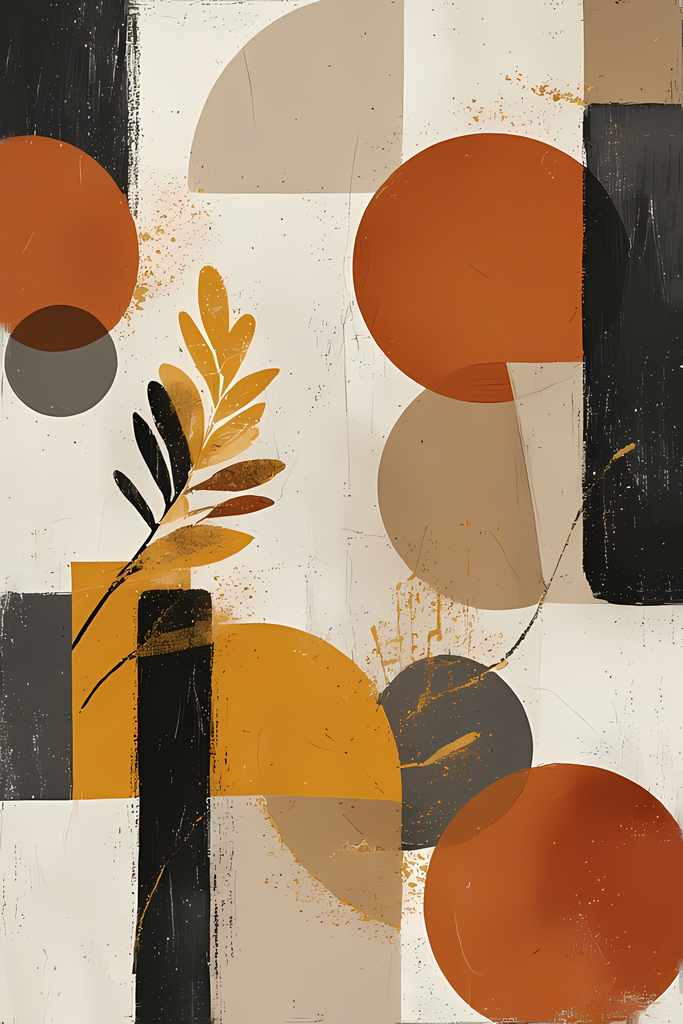 Boho Minimalist Art Bundle with Abstract Leaves in Mustard. The designs combine geometric shapes with organic elements, creating a modern yet earthy feel. The color palette is centered around rich, warm tones for a contemporary boho look, with hints of mu