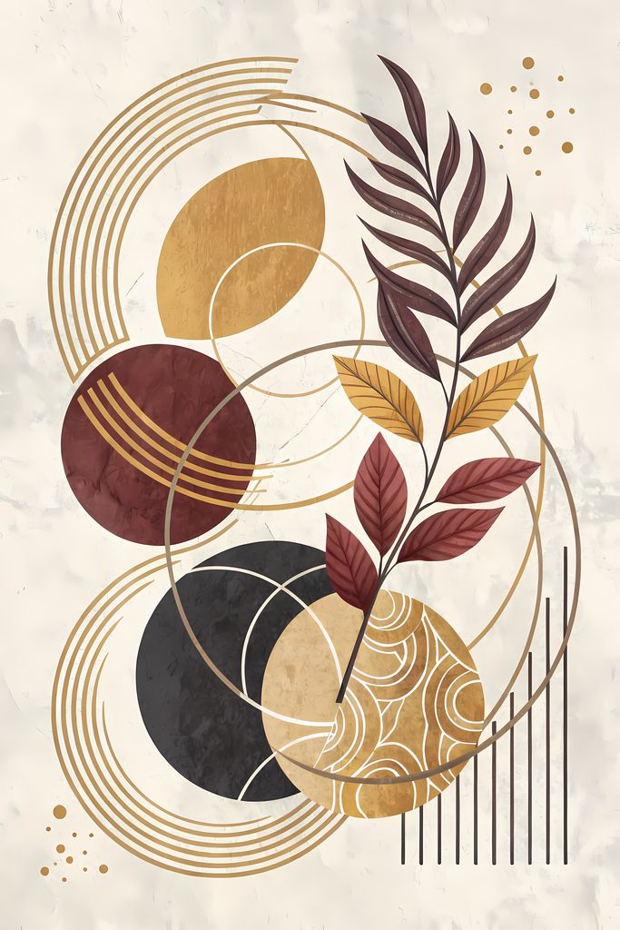 Boho Minimalist Art Bundle with Abstract Leaves in Maroon and Crimson Red. The designs combine geometric shapes with organic elements, creating a modern yet earthy feel. The color palette is centered around rich, warm tones for a contemporary boho look, w