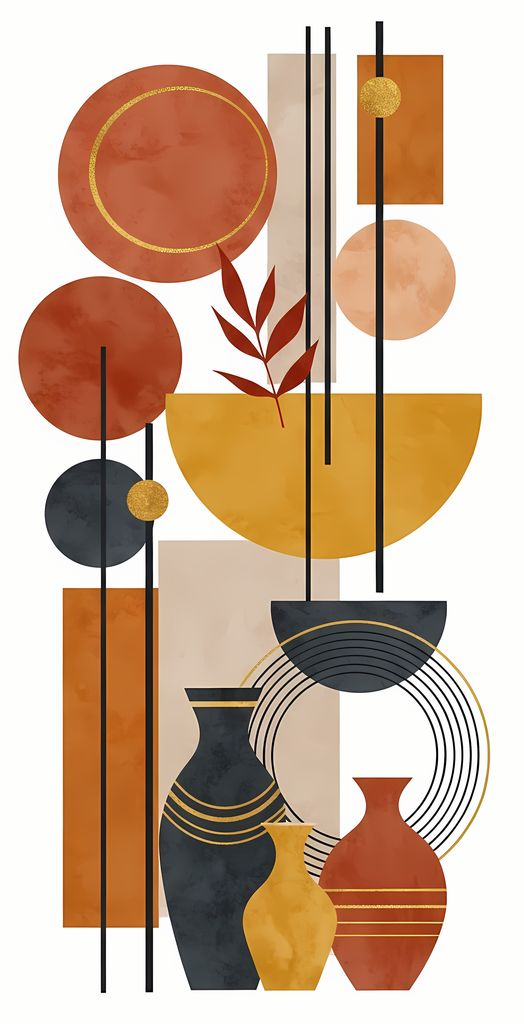 Boho Minimalist Art Bundle with Abstract Leaves in Maroon and Crimson Red. The designs combine geometric shapes with organic elements, creating a modern yet earthy feel. The color palette is centered around rich, warm tones for a contemporary boho look, w