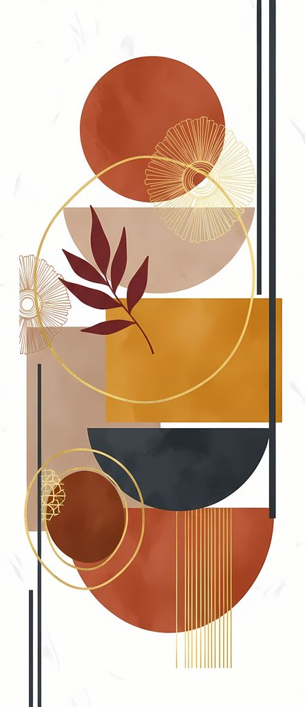 Boho Minimalist Art Bundle with Abstract Leaves in Maroon and Crimson Red. The designs combine geometric shapes with organic elements, creating a modern yet earthy feel. The color palette is centered around rich, warm tones for a contemporary boho look, w