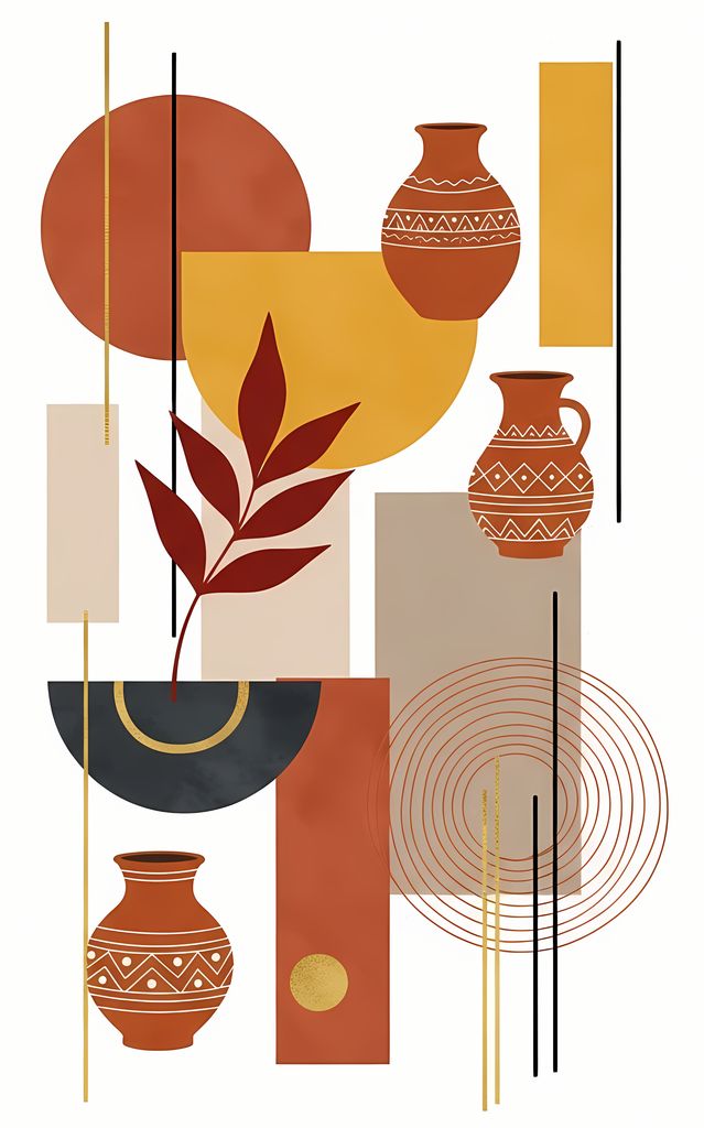 Boho Minimalist Art Bundle with Abstract Leaves in Maroon and Crimson Red. The designs combine geometric shapes with organic elements, creating a modern yet earthy feel. The color palette is centered around rich, warm tones for a contemporary boho look, w
