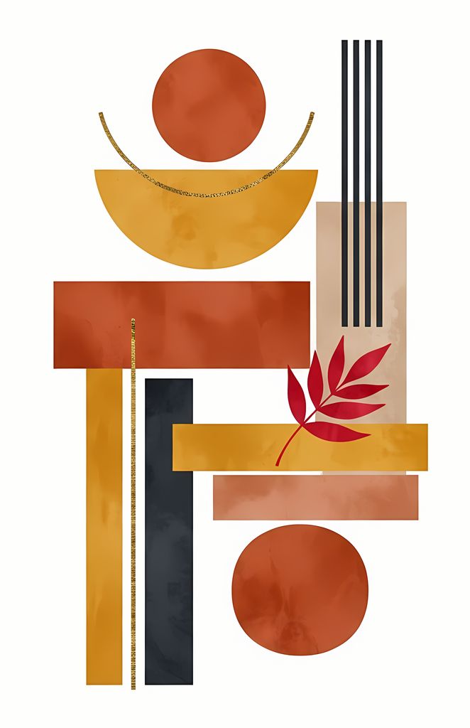 Boho Minimalist Art Bundle with Abstract Leaves in Maroon and Crimson Red. The designs combine geometric shapes with organic elements, creating a modern yet earthy feel. The color palette is centered around rich, warm tones for a contemporary boho look, w