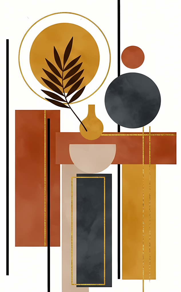 Boho Minimalist Art Bundle Abstract Leaves and Vases in Mahogany Brown, Charcoal and Black. The designs combine geometric shapes with organic elements, creating a modern yet earthy feel. The color palette is centered around rich, warm tones for a contempo