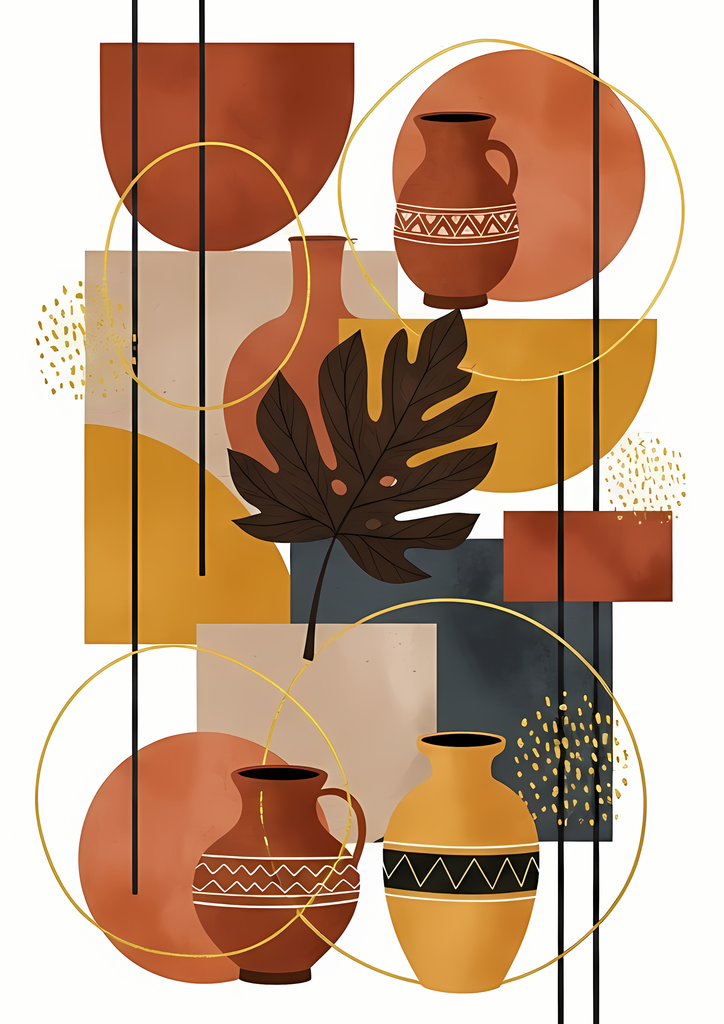 Boho Minimalist Art Bundle Abstract Leaves and Vases in Mahogany Brown, Charcoal and Black. The designs combine geometric shapes with organic elements, creating a modern yet earthy feel. The color palette is centered around rich, warm tones for a contempo