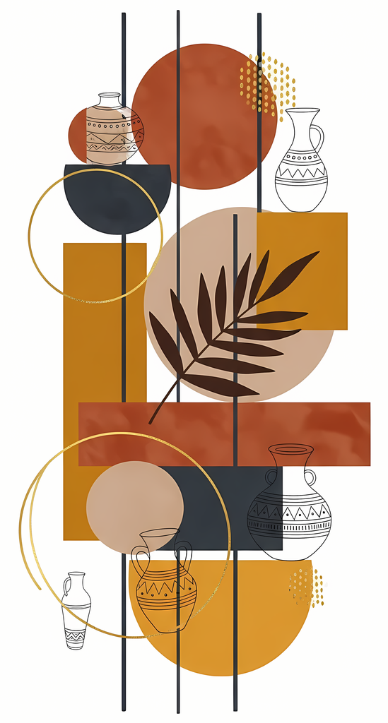 Boho Minimalist Art Bundle Abstract Leaves and Vases in Mahogany Brown, Charcoal and Black. The designs combine geometric shapes with organic elements, creating a modern yet earthy feel. The color palette is centered around rich, warm tones for a contempo