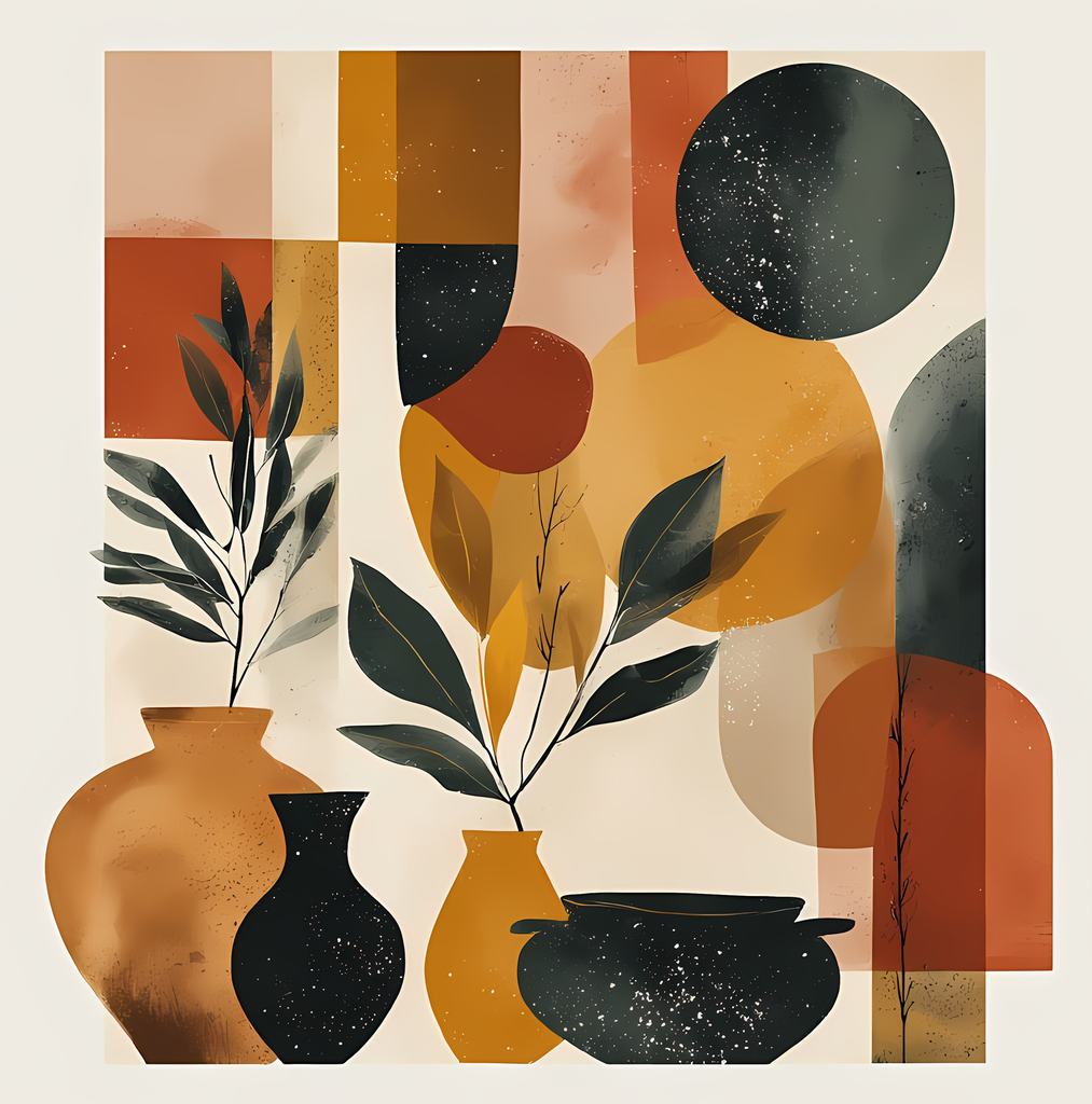 Boho Minimalist Art Bundle Abstract Leaves and Vases in Mahogany Brown, Charcoal and Black. The designs combine geometric shapes with organic elements, creating a modern yet earthy feel. The color palette is centered around rich, warm tones for a contempo