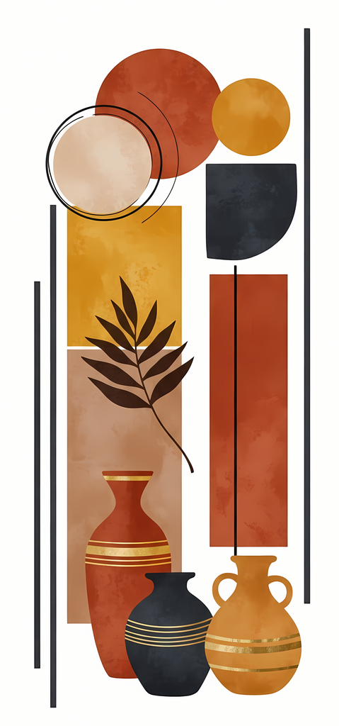 Boho Minimalist Art Bundle Abstract Leaves and Vases in Mahogany Brown, Charcoal and Black. The designs combine geometric shapes with organic elements, creating a modern yet earthy feel. The color palette is centered around rich, warm tones for a contempo