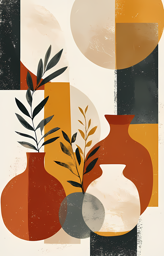 Boho Minimalist Art Bundle Abstract Leaves and Vases in Mahogany Brown, Charcoal and Black. The designs combine geometric shapes with organic elements, creating a modern yet earthy feel. The color palette is centered around rich, warm tones for a contempo