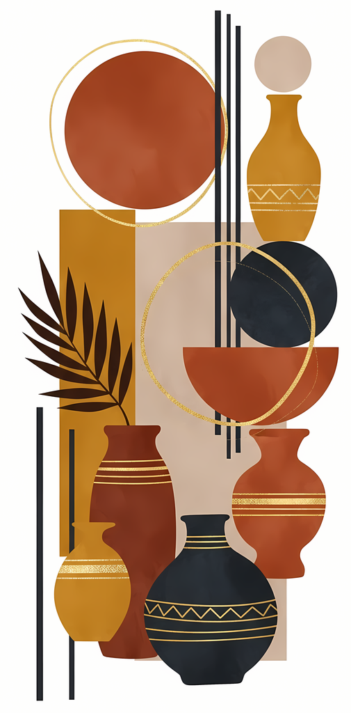 Boho Minimalist Art Bundle Abstract Leaves and Vases in Mahogany Brown, Charcoal and Black. The designs combine geometric shapes with organic elements, creating a modern yet earthy feel. The color palette is centered around rich, warm tones for a contempo