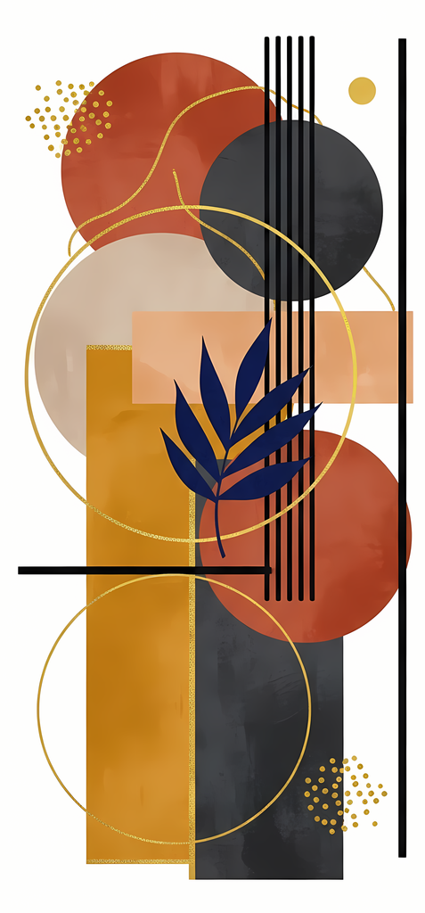 Boho Minimalist Art Bundle Abstract Leaves and Vases in Midnight Blue. The designs combine geometric shapes with organic elements, creating a modern yet earthy feel. The color palette is centered around rich, warm tones for a contemporary boho look, with