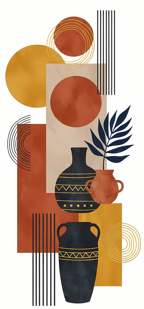 Boho Minimalist Art Bundle Abstract Leaves and Vases in Midnight Blue. The designs combine geometric shapes with organic elements, creating a modern yet earthy feel. The color palette is centered around rich, warm tones for a contemporary boho look, with