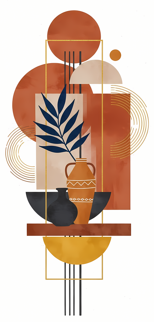 Boho Minimalist Art Bundle Abstract Leaves and Vases in Midnight Blue. The designs combine geometric shapes with organic elements, creating a modern yet earthy feel. The color palette is centered around rich, warm tones for a contemporary boho look, with