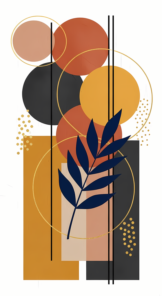 Boho Minimalist Art Bundle Abstract Leaves and Vases in Midnight Blue. The designs combine geometric shapes with organic elements, creating a modern yet earthy feel. The color palette is centered around rich, warm tones for a contemporary boho look, with