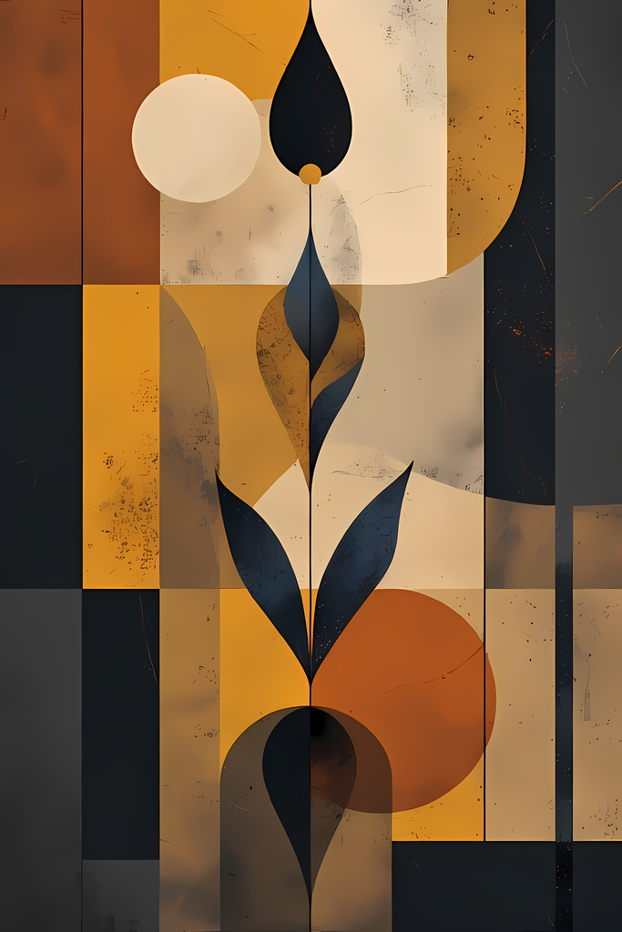 Boho Minimalist Art Bundle Abstract Leaves and Vases in Midnight Blue. The designs combine geometric shapes with organic elements, creating a modern yet earthy feel. The color palette is centered around rich, warm tones for a contemporary boho look, with