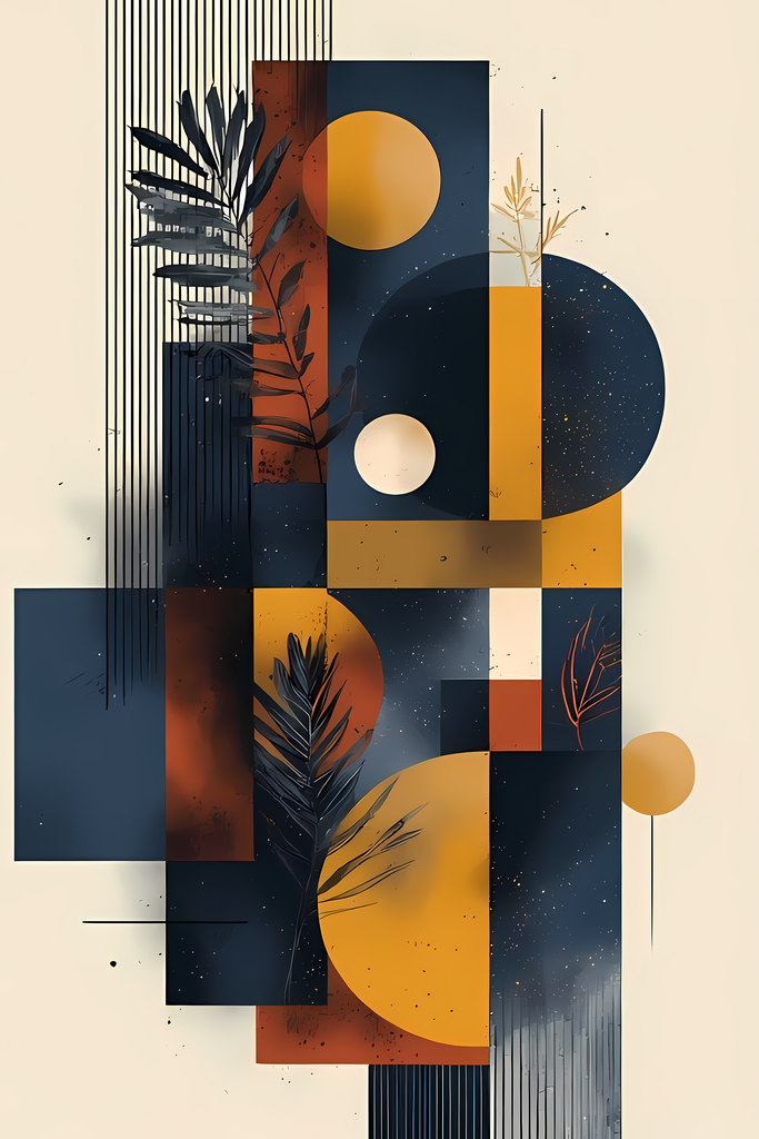 Boho Minimalist Art Bundle Abstract Leaves and Vases in Midnight Blue. The designs combine geometric shapes with organic elements, creating a modern yet earthy feel. The color palette is centered around rich, warm tones for a contemporary boho look, with