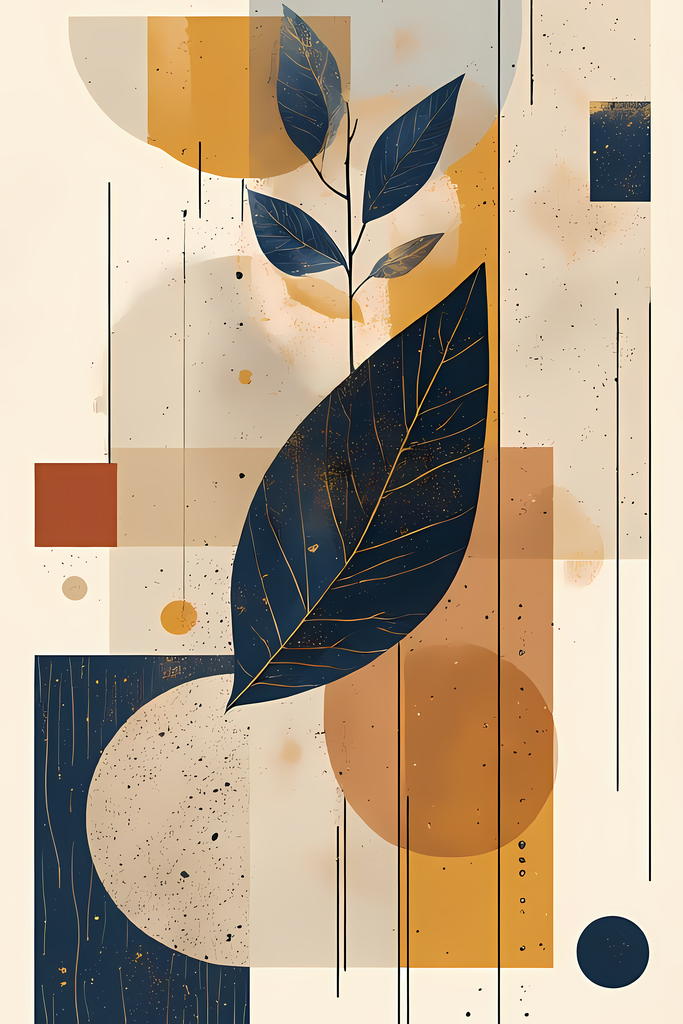 Boho Minimalist Art Bundle Abstract Leaves and Vases in Midnight Blue. The designs combine geometric shapes with organic elements, creating a modern yet earthy feel. The color palette is centered around rich, warm tones for a contemporary boho look, with