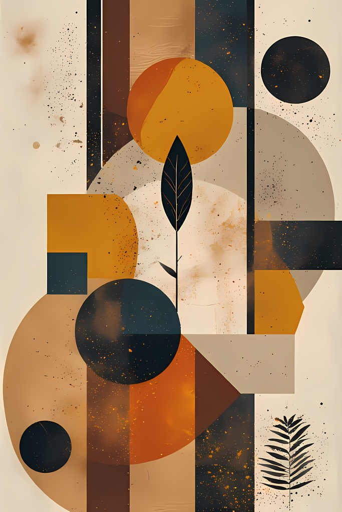 Boho Minimalist Art Bundle Abstract Leaves and Vases in Midnight Blue. The designs combine geometric shapes with organic elements, creating a modern yet earthy feel. The color palette is centered around rich, warm tones for a contemporary boho look, with