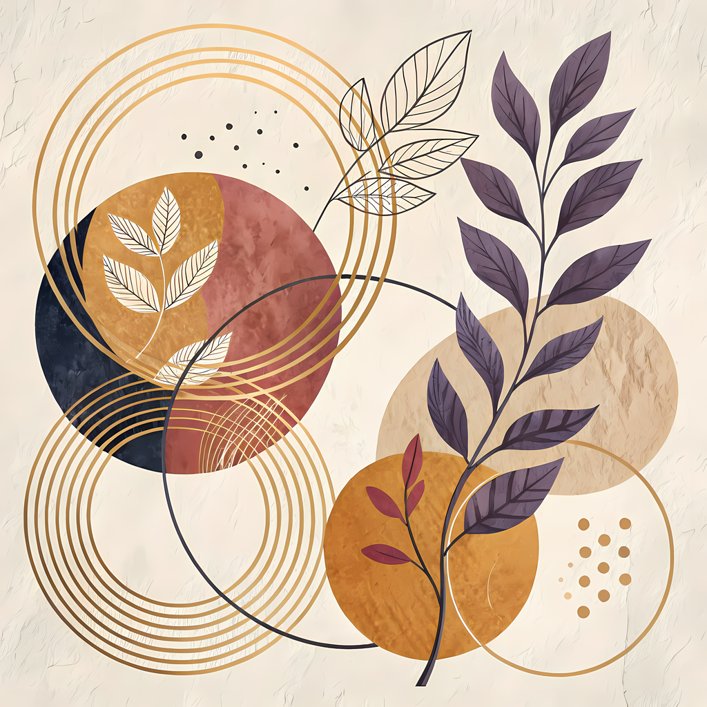 Boho Minimalist Art Bundle Abstract Leaves and Vases in Hues of Purple and Mauve. The designs combine geometric shapes with organic elements, creating a modern yet earthy feel. The color palette is centered around rich, warm tones for a contemporary boho