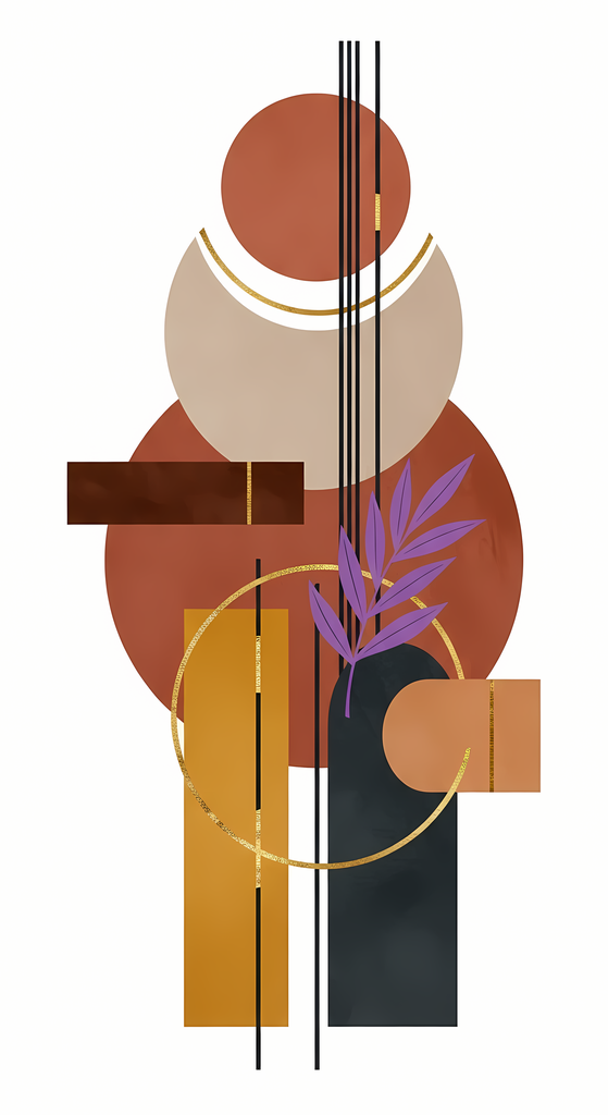 Boho Minimalist Art Bundle Abstract Leaves and Vases in Hues of Purple and Mauve. The designs combine geometric shapes with organic elements, creating a modern yet earthy feel. The color palette is centered around rich, warm tones for a contemporary boho