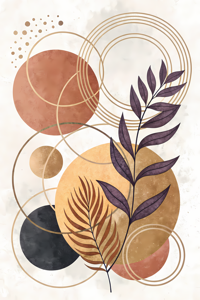 Boho Minimalist Art Bundle Abstract Leaves and Vases in Hues of Purple and Mauve. The designs combine geometric shapes with organic elements, creating a modern yet earthy feel. The color palette is centered around rich, warm tones for a contemporary boho