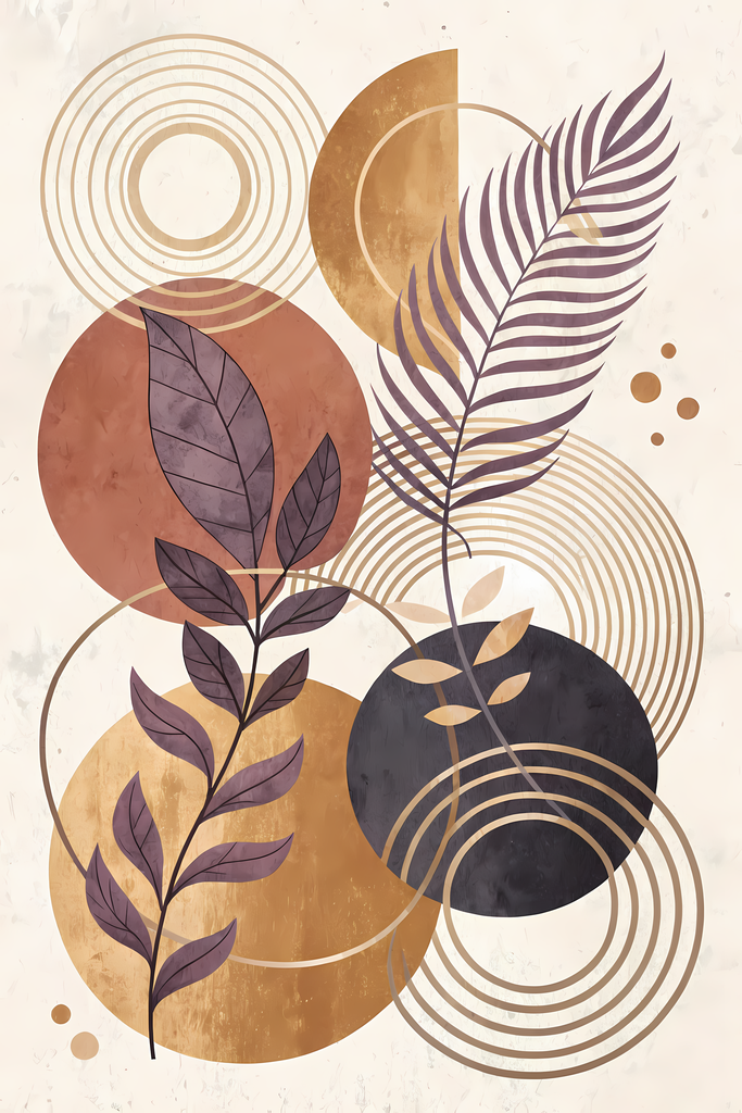 Boho Minimalist Art Bundle Abstract Leaves and Vases in Hues of Purple and Mauve. The designs combine geometric shapes with organic elements, creating a modern yet earthy feel. The color palette is centered around rich, warm tones for a contemporary boho